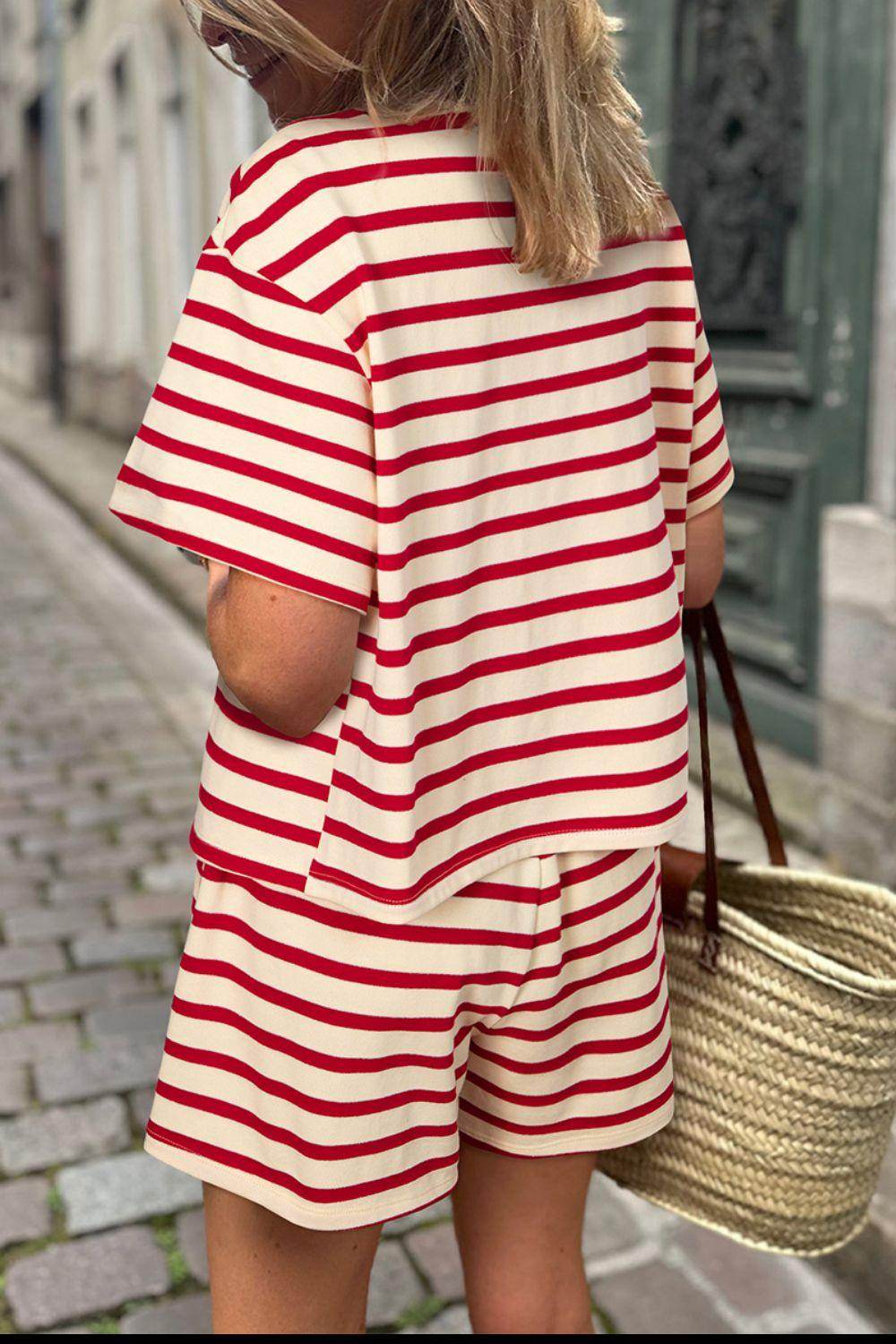 Tied Striped V-Neck Top and Shorts Set for Women - Selvanelle
