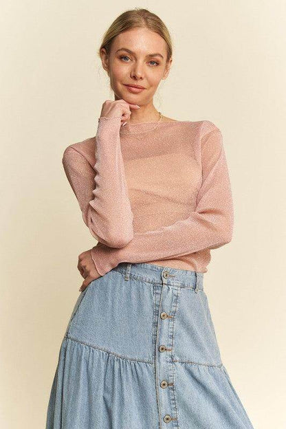 Davi & Dani Glitter Mesh Lettuce Hem Long Sleeve Top Women - Selvanelle