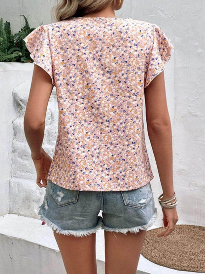 Ditsy Floral Round Neck Cap Sleeve Top for Women - Selvanelle