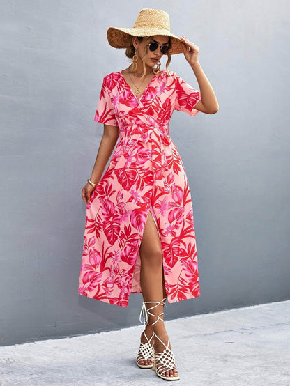 Floral Print High Slit Surplice Neck Tie Waist Midi Dress - Selvanelle