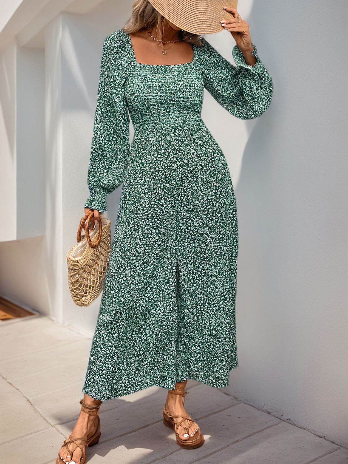 Perfee Smocked Printed Long Sleeve Wide Leg Jumpsuit - Selvanelle