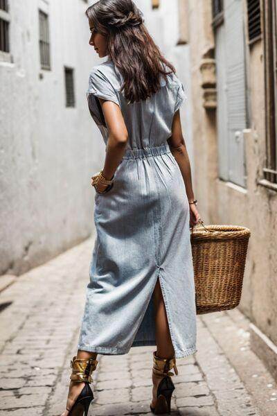 Slit Pocketed Half Button Denim Dress for Casual Style - Selvanelle