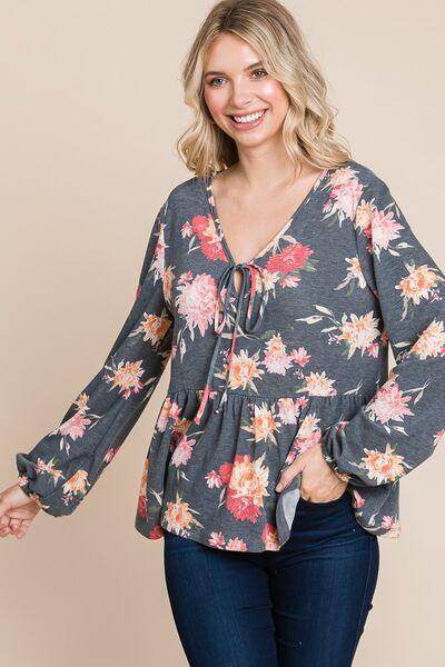 Super Lady Full Size Babydoll Floral Long Sleeve Blouse - Selvanelle