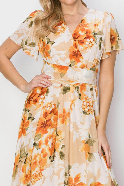 HYFVE Floral Tie Back Short Sleeve Slit Maxi Dress for Women - Selvanelle