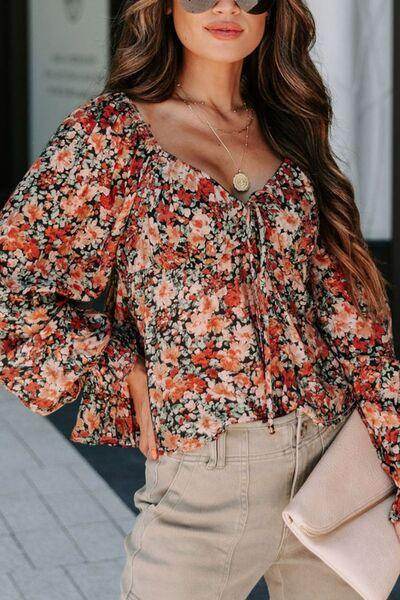 Peplum Tied Flora Long Sleeve Blouse for Women Stylish - Selvanelle