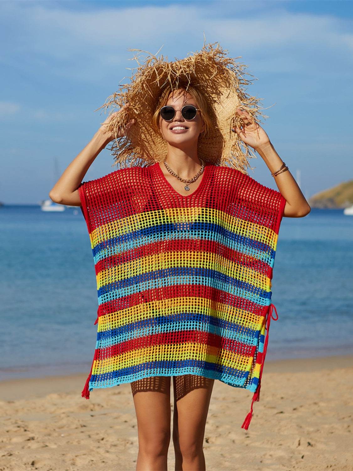 Angel Wings Cutout Striped Cover-Up with Tassel - Selvanelle