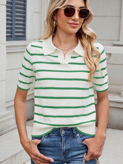 Striped Johnny Collar Short Sleeve Sweater for Women - Selvanelle