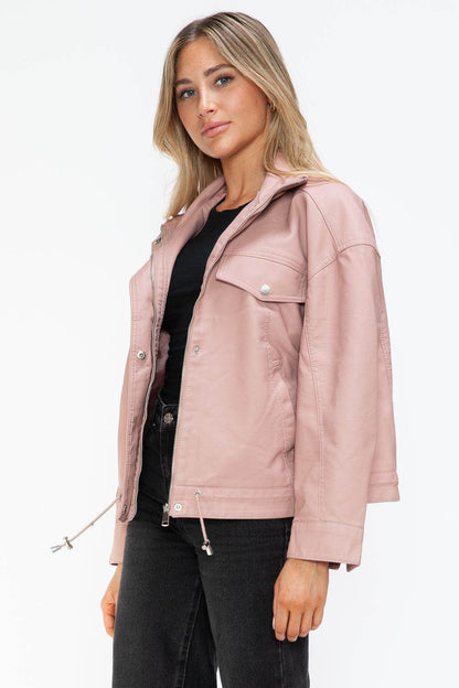 How Dare U Drawstring Hem PU Leather Zip Up Jacket for Women - Selvanelle