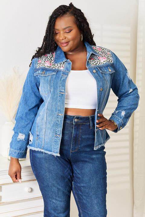 Baeful Leopard Floral Distressed Raw Hem Denim Jacket Women - Selvanelle