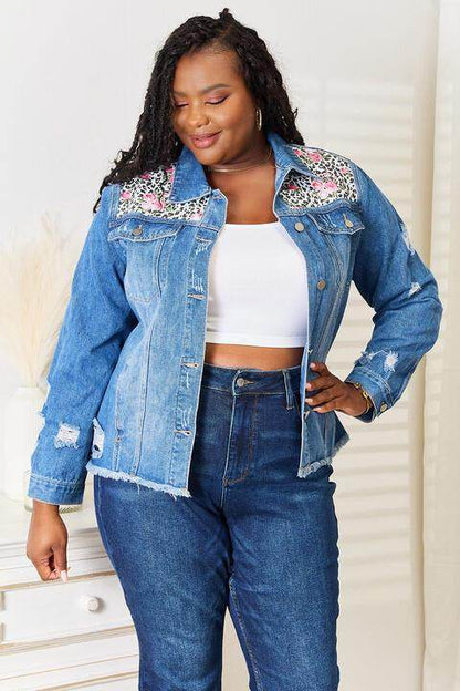 Baeful Leopard Floral Distressed Raw Hem Denim Jacket Women - Selvanelle