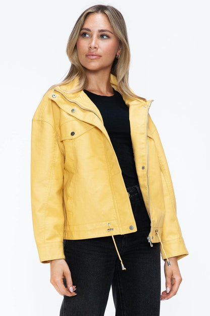How Dare U Drawstring Hem PU Leather Zip Up Jacket for Women - Selvanelle