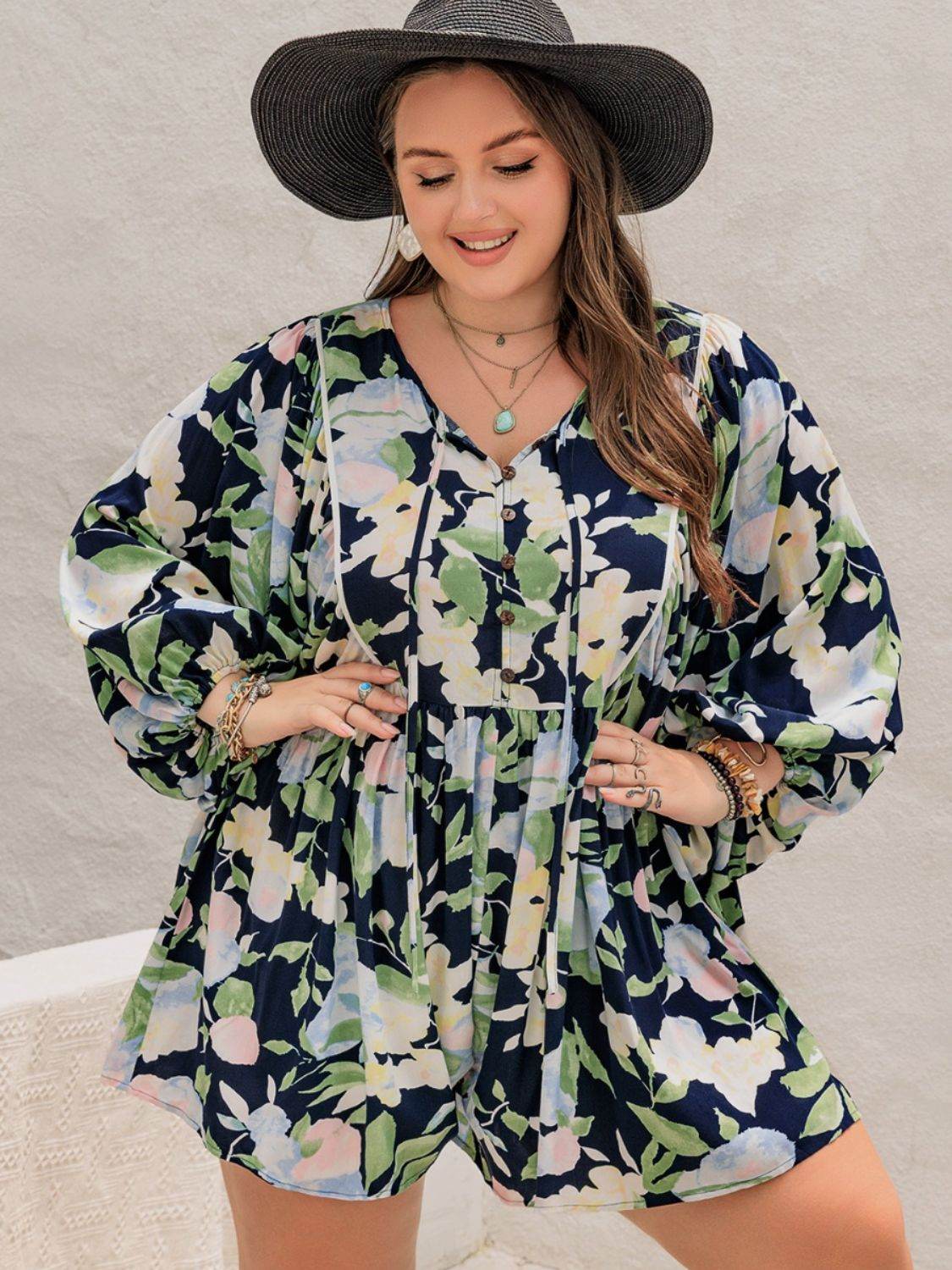 Plus Size Tied Printed Long Sleeve Romper - Selvanelle