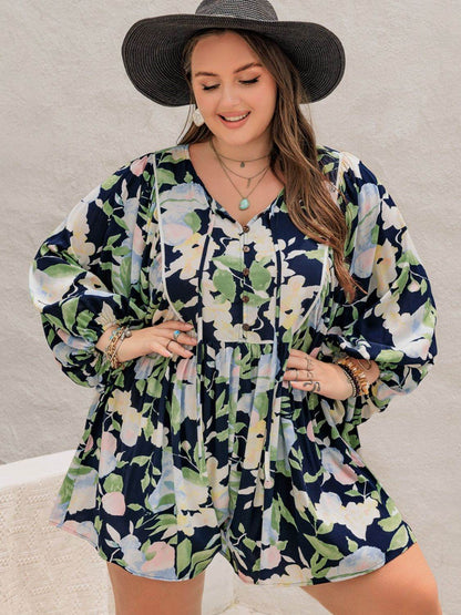 Plus Size Tied Printed Long Sleeve Romper - Selvanelle