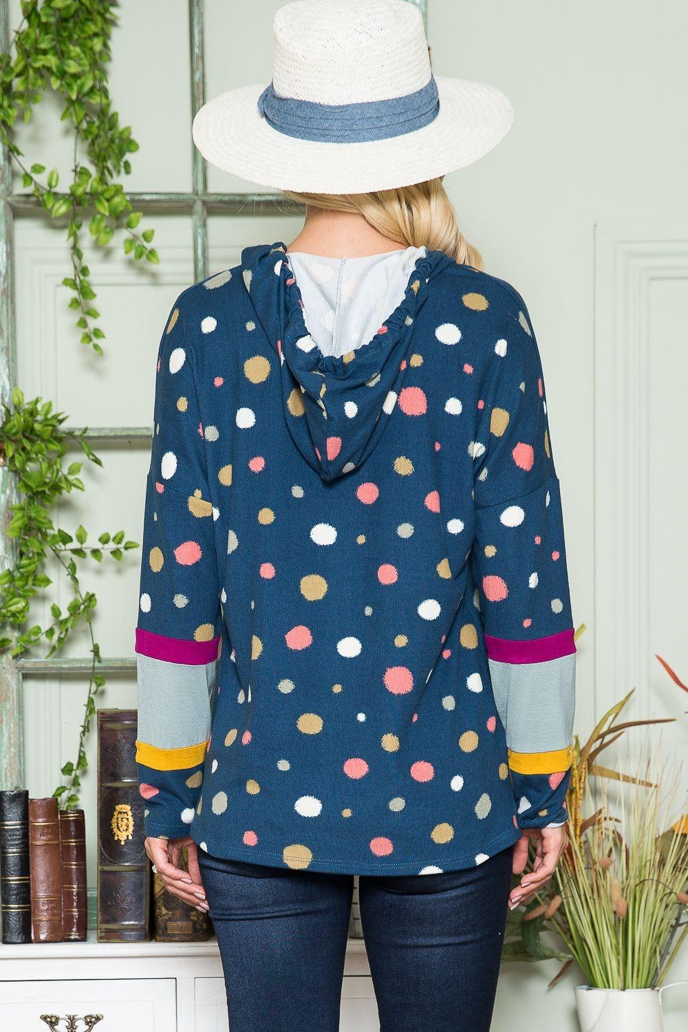 Celeste Full Size Polka Dot Drawstring Hoodie for Women