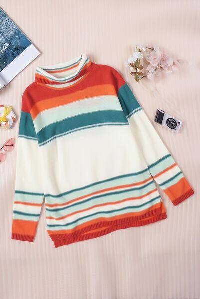 Contrast Striped Turtleneck Dropped Shoulder Sweater for Women - Selvanelle