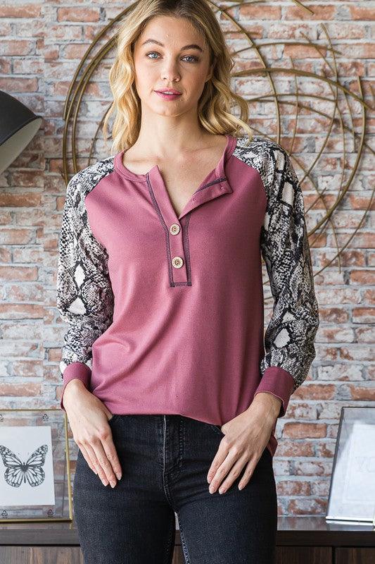 Heimish Full Size Snakeskin Print Half Button Top