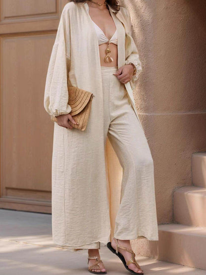 Open Front Balloon Sleeve Cardigan and Pants Set for Women - Selvanelle