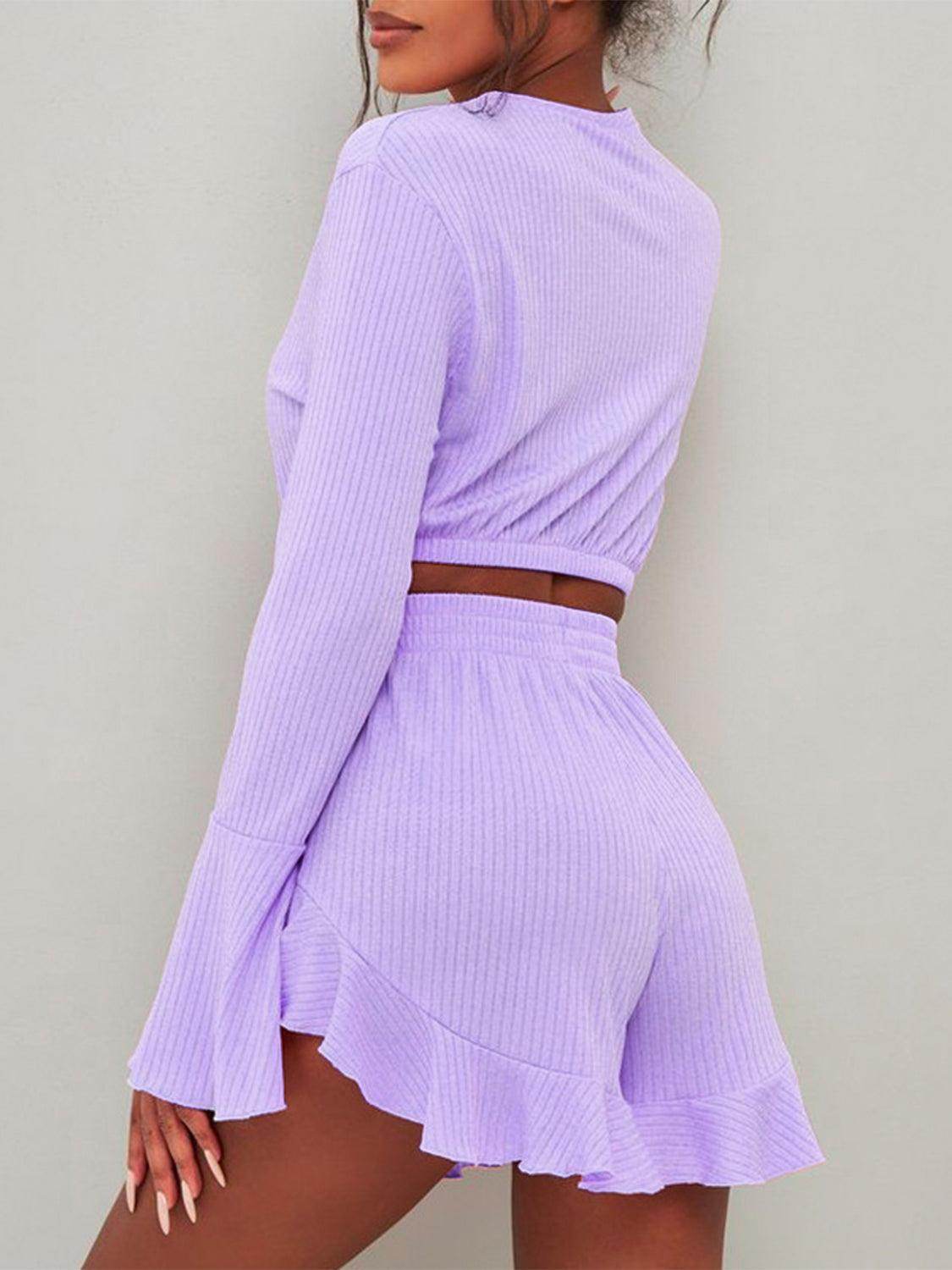 Round Neck Long Sleeve Top and Ruffled Shorts Set for Women - Selvanelle