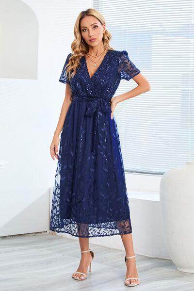 Sequin Leaf Embroidery Tie Front Short Sleeve Dress for Women - Selvanelle