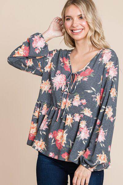 Super Lady Full Size Babydoll Floral Long Sleeve Blouse - Selvanelle
