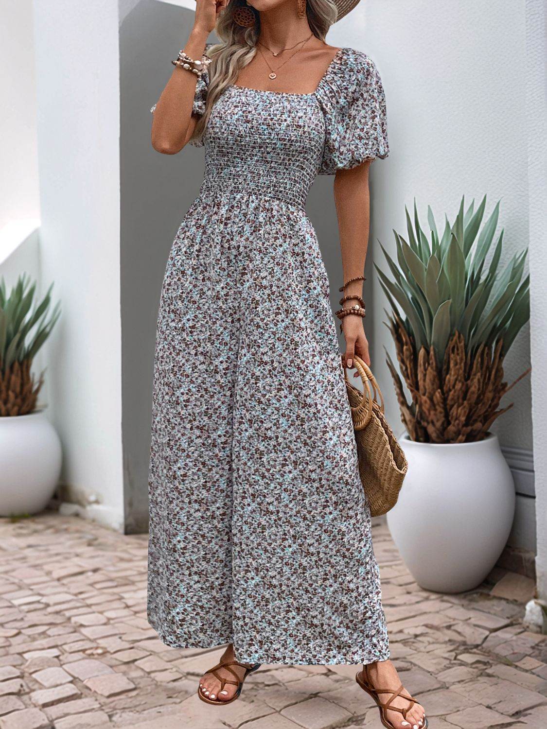 Perfee Ditsy Floral Smocked Square Neck Puff Sleeve Jumpsuit - Selvanelle