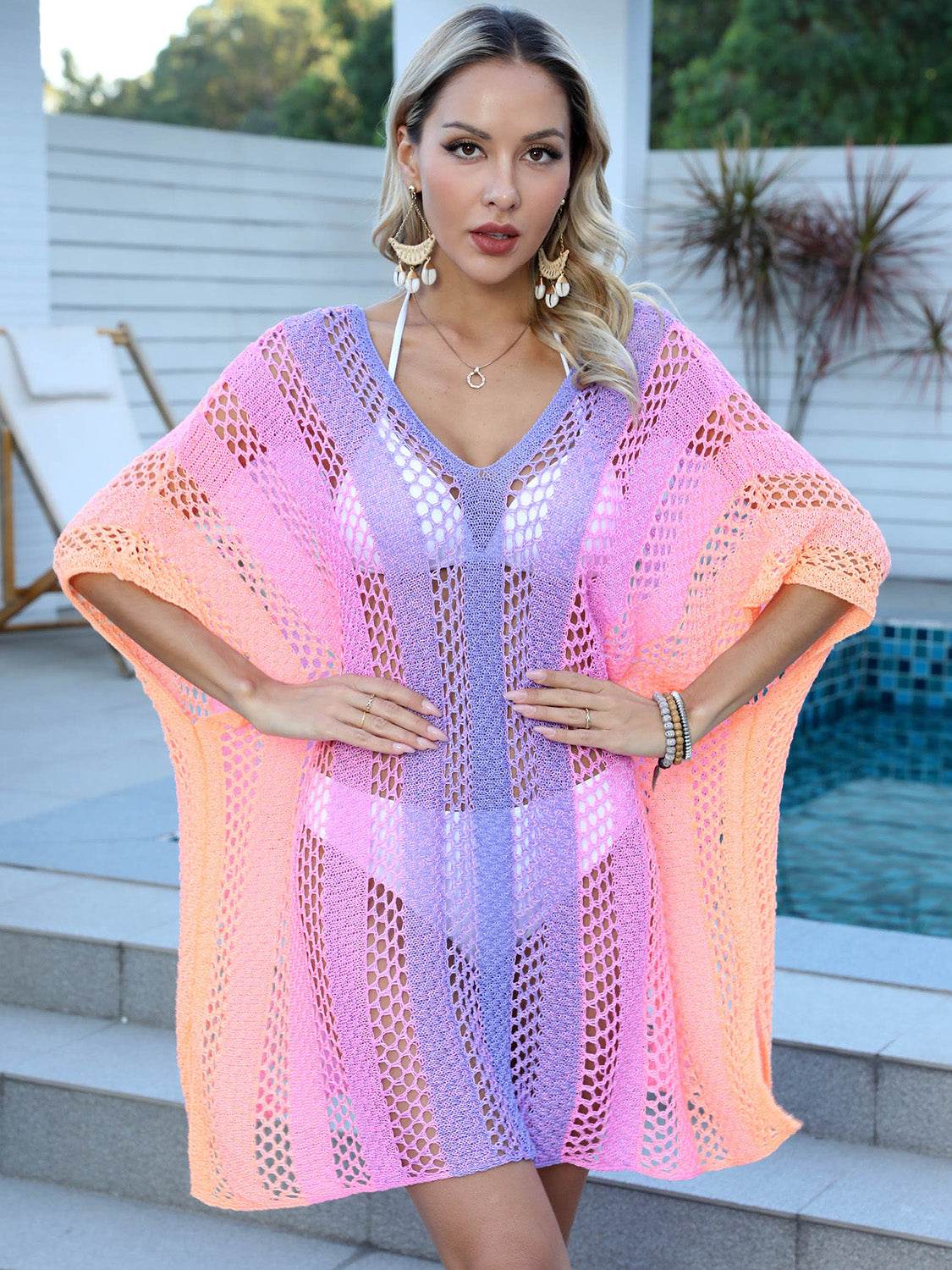 Openwork Contrast V-Neck Cover-Up - Selvanelle