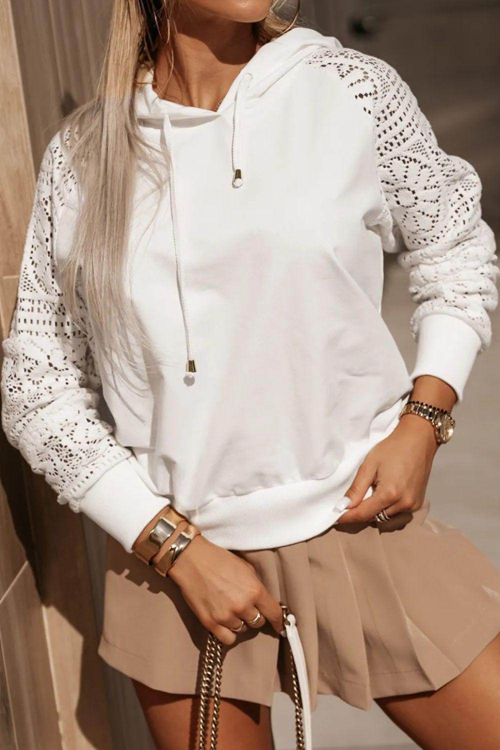 Drawstring Openwork Long Sleeve Hoodie for Women Fashion - Selvanelle