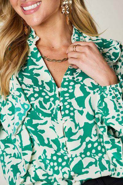 Double Take Full Size Printed Ruffle Trim Balloon Sleeve Shirt - Selvanelle