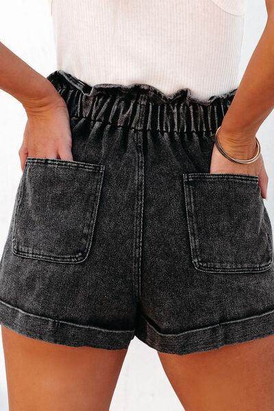 Stylish Paperbag Waist Denim Shorts with Pockets for Women - Selvanelle