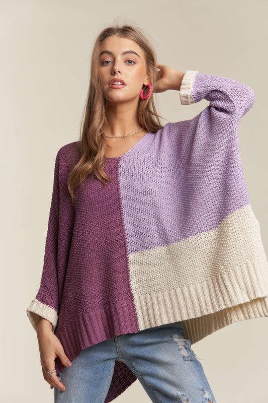 ADORA Side Slit Color Block Long Sleeve Sweater for Women