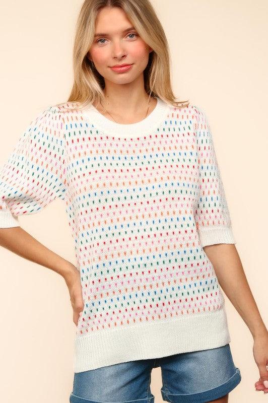 Haptics Round Neck Half Sleeve Multi Color Knit Top for Women