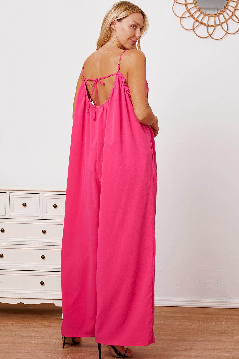 Double Take Full Size Ruffle Trim Tie Back Cami Jumpsuit - Selvanelle