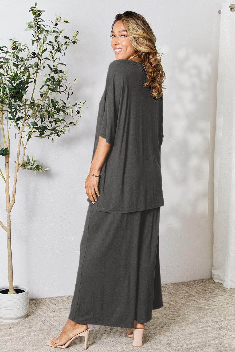 Double Take Full Size Round Neck Slit Top and Pants Set - Selvanelle