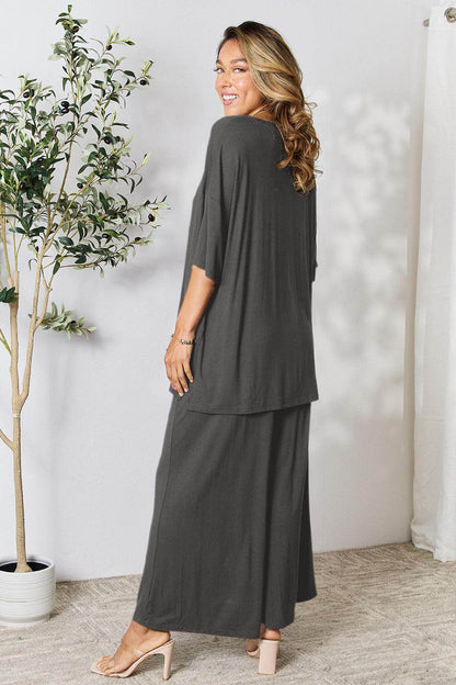 Double Take Full Size Round Neck Slit Top and Pants Set - Selvanelle
