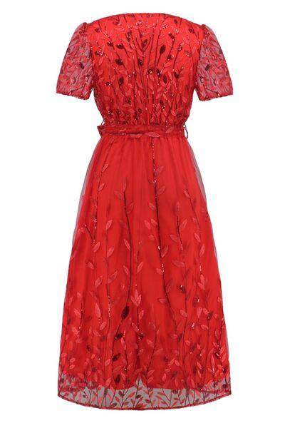 Sequin Leaf Embroidery Tie Front Short Sleeve Dress for Women - Selvanelle
