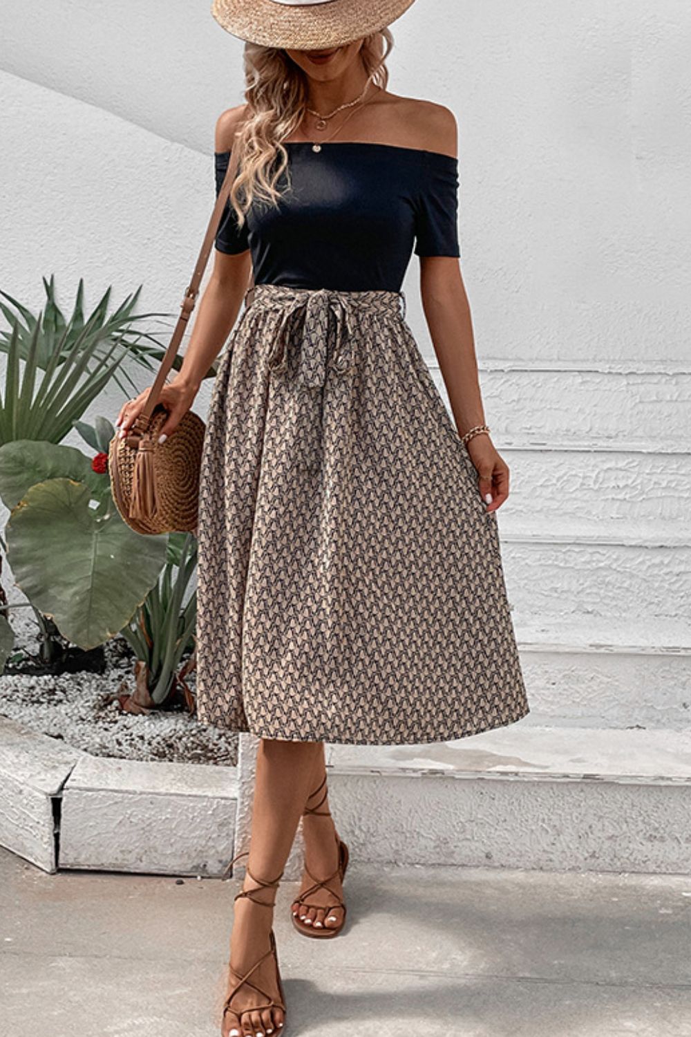 Perfee Printed Tie Belt Off-Shoulder Dress