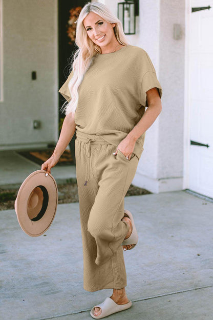Double Take Full Size Texture Top and Pants Set for Women - Selvanelle