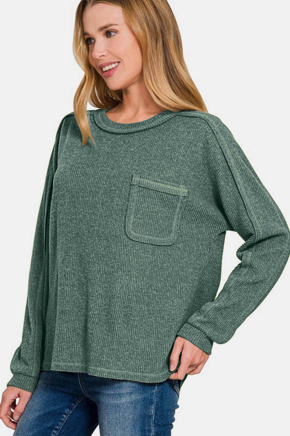 Zenana Full Size Contrast Stitching Brushed Ribbed Top - Selvanelle