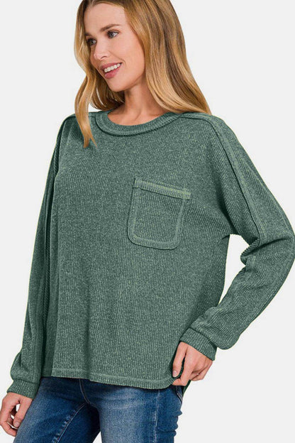 Zenana Full Size Contrast Stitching Brushed Ribbed Top - Selvanelle