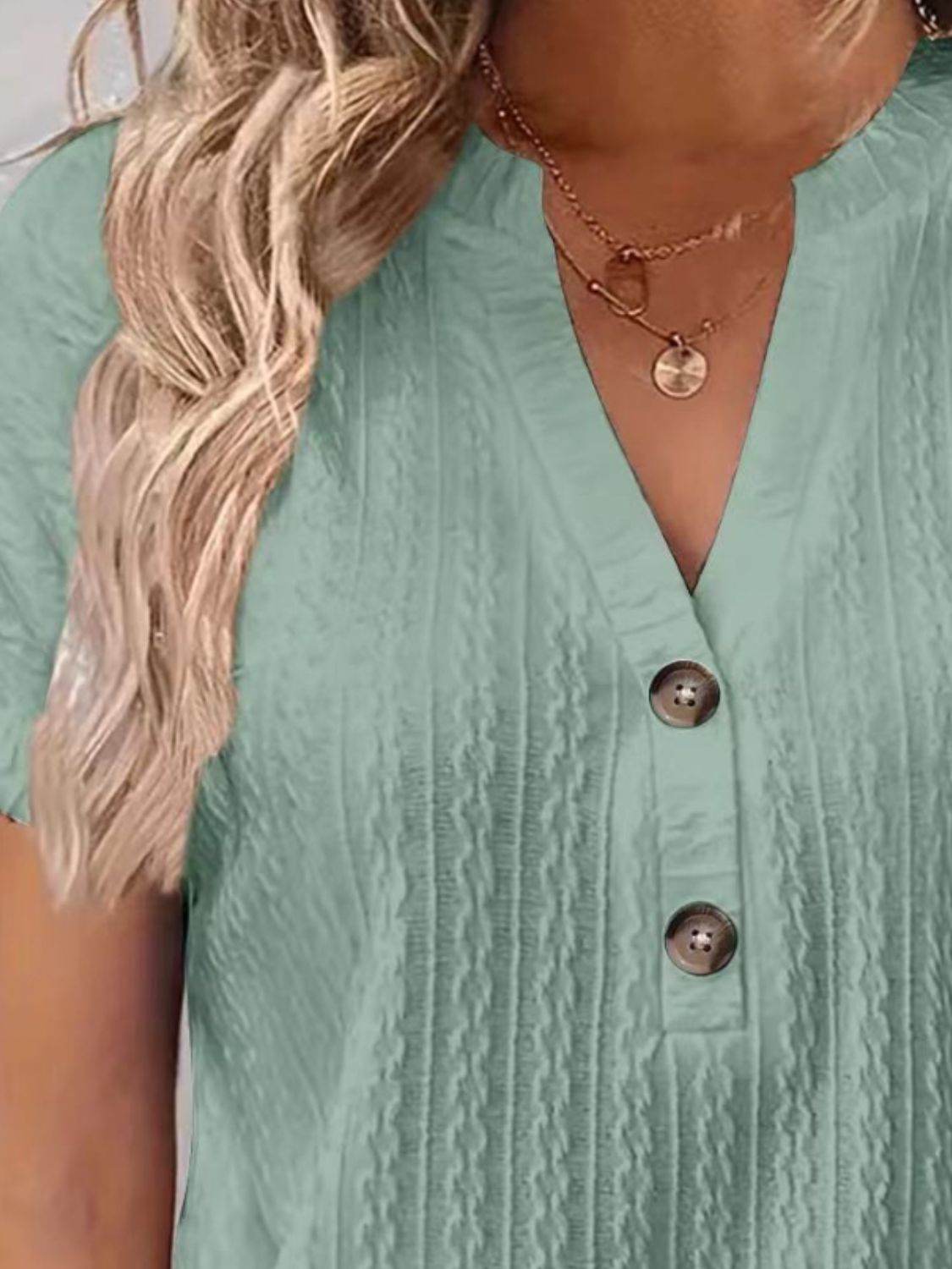 Textured Notched Short Sleeve Top - Selvanelle