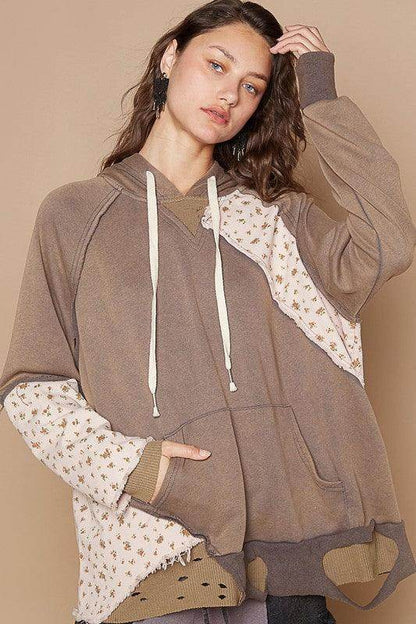 POL Floral Patchwork Distressed Drawstring Hoodie for Women - Selvanelle