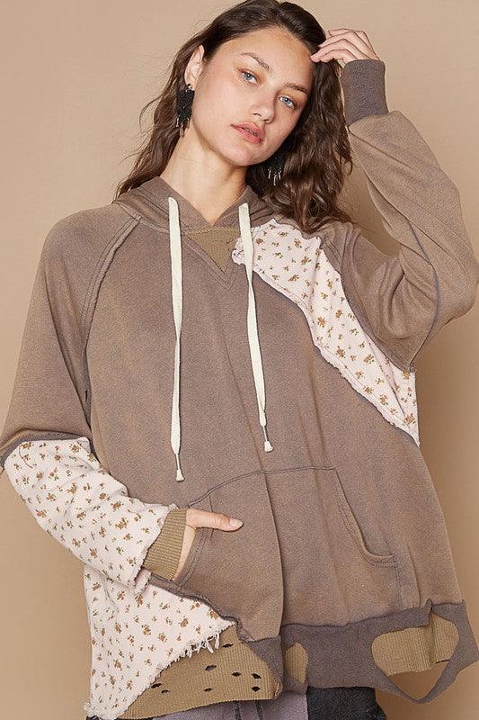 POL Floral Patchwork Distressed Drawstring Hoodie for Women