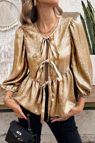 Tied Peplum Three-Quarter Sleeve Blouse for Women - Selvanelle