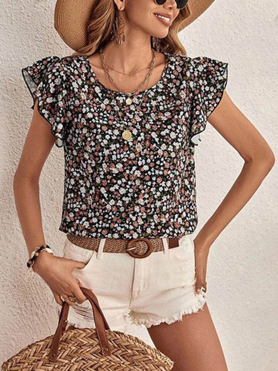 Ditsy Floral Round Neck Cap Sleeve Top for Women - Selvanelle