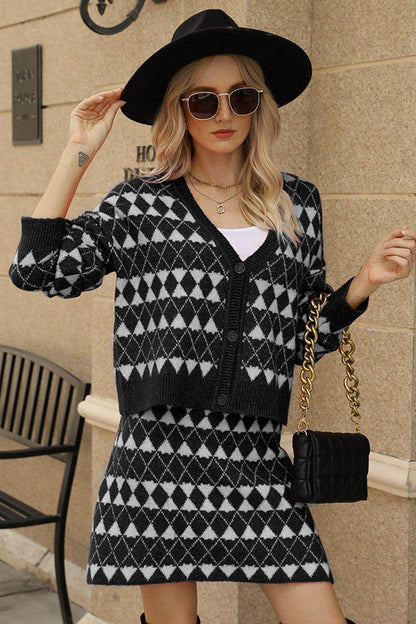 Geometric Dropped Shoulder Cardigan and Knit Skirt Set - Selvanelle