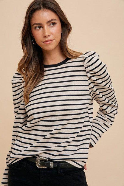 Annie Wear Striped Round Neck Puff Sleeve Top for Women - Selvanelle