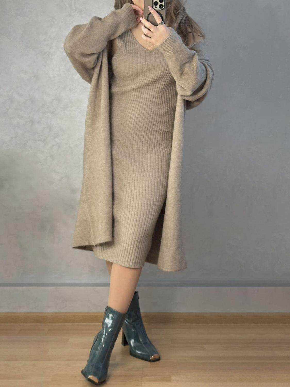 V-Neck Cami Dress and Open Front Cardigan Sweater Set - Selvanelle