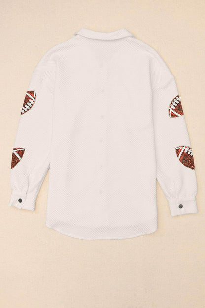 Sequin Football Patch Collared Neck Snap Button Jacket for Women - Selvanelle