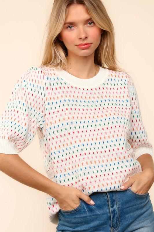 Haptics Round Neck Half Sleeve Multi Color Knit Top for Women