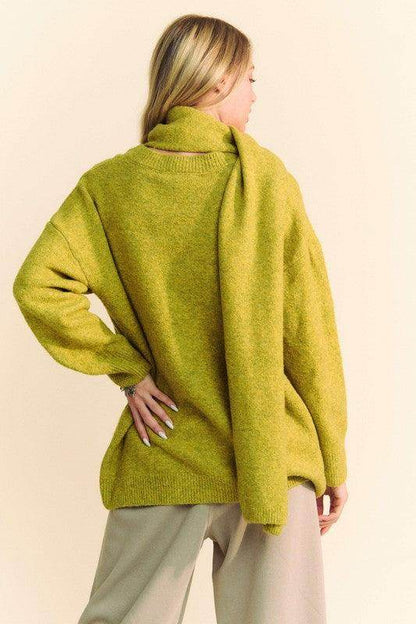 Davi & Dani V-Neck Dropped Shoulder Sweater with Scarf - Selvanelle
